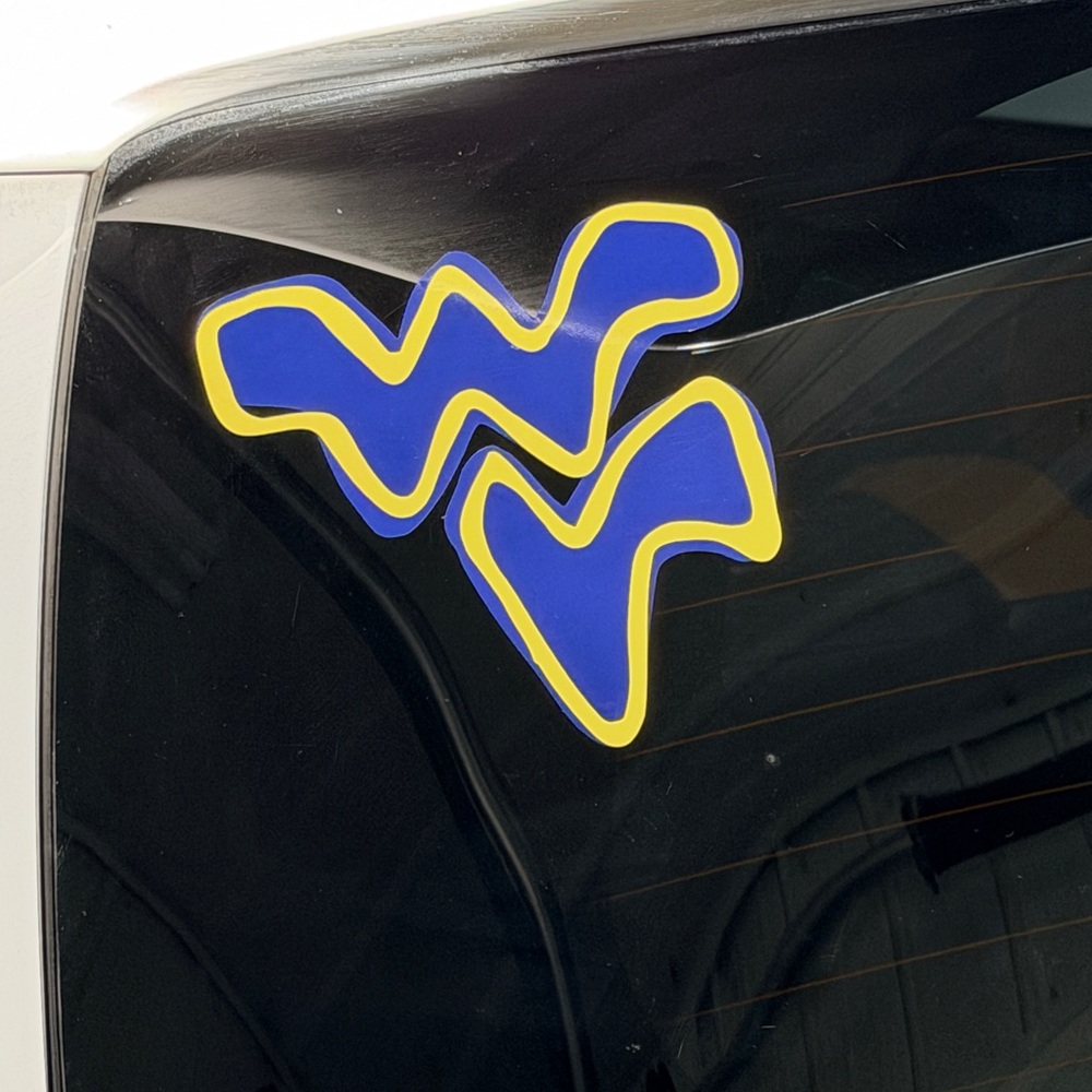 WVU West Virginia Car Window Vinyl Blue and Yellow Decal Mountaineers whimsical